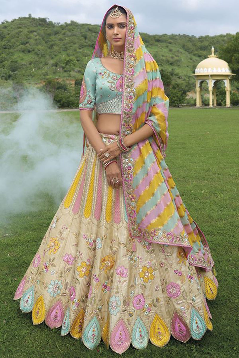 Monjolika Fashion Designer Silk Cream And Sky Blue Color Bridal Wear Khatli Work Readymade Lehenga Choli | Grocsy