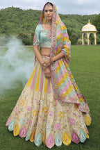 Monjolika Fashion Designer Silk Cream And Sky Blue Color Bridal Wear Khatli Work Readymade Lehenga Choli | Grocsy