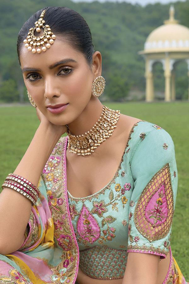 Monjolika Fashion Designer Silk Cream And Sky Blue Color Bridal Wear Khatli Work Readymade Lehenga Choli | Grocsy