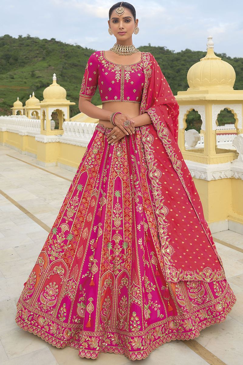 Monjolika Fashion Designer Silk Rani Pink Color Bridal Wear Khatli Work Readymade Lehenga Choli | Grocsy
