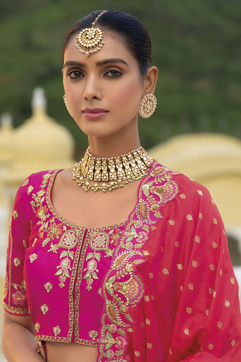 Monjolika Fashion Designer Silk Rani Pink Color Bridal Wear Khatli Work Readymade Lehenga Choli | Grocsy