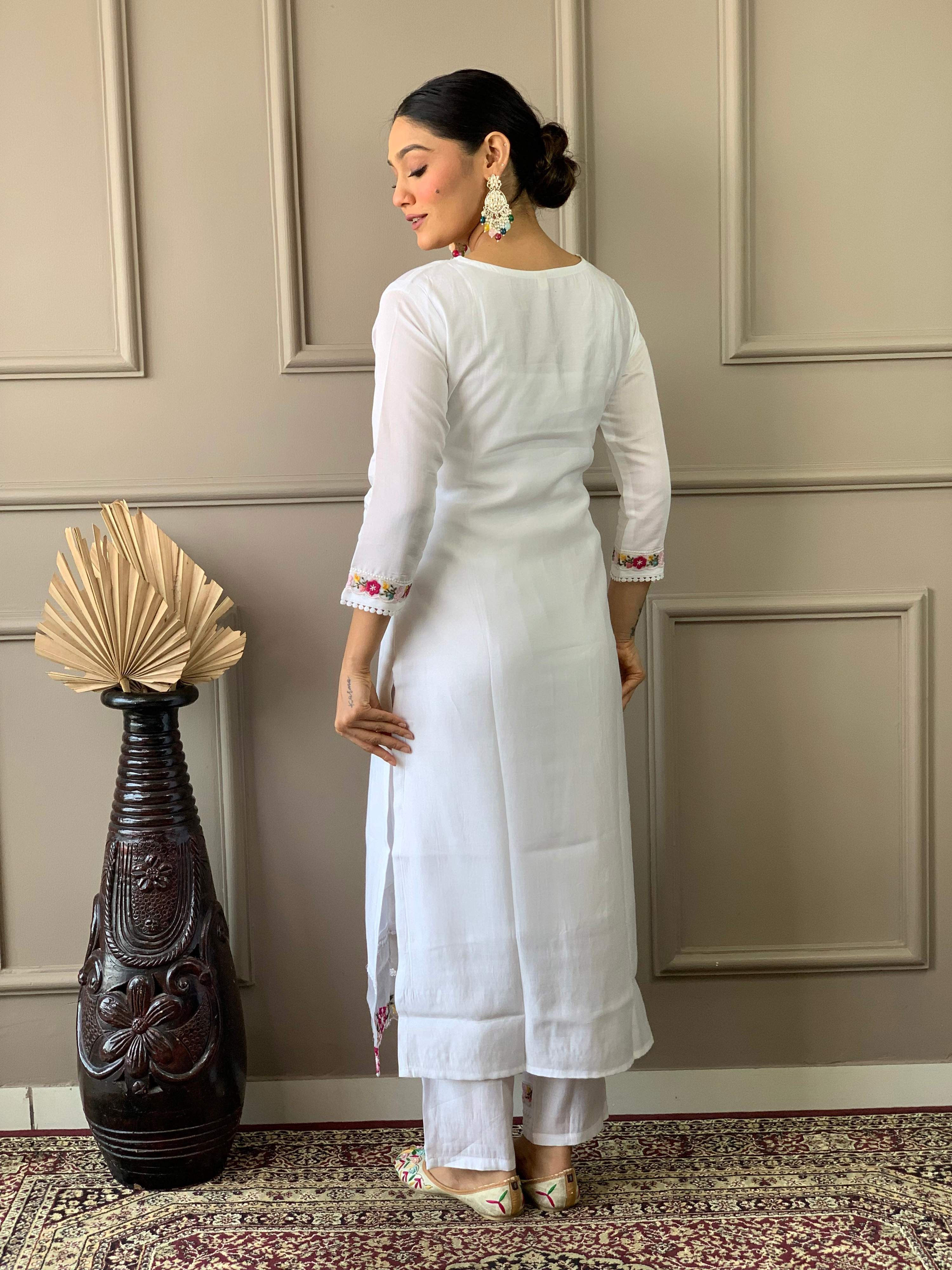 The52 White Woven Embroidered Chanderi Fabric Straight Kurta, Pant and Dupatta Set | Grocsy
