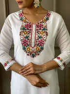 The52 White Woven Embroidered Chanderi Fabric Straight Kurta, Pant and Dupatta Set | Grocsy
