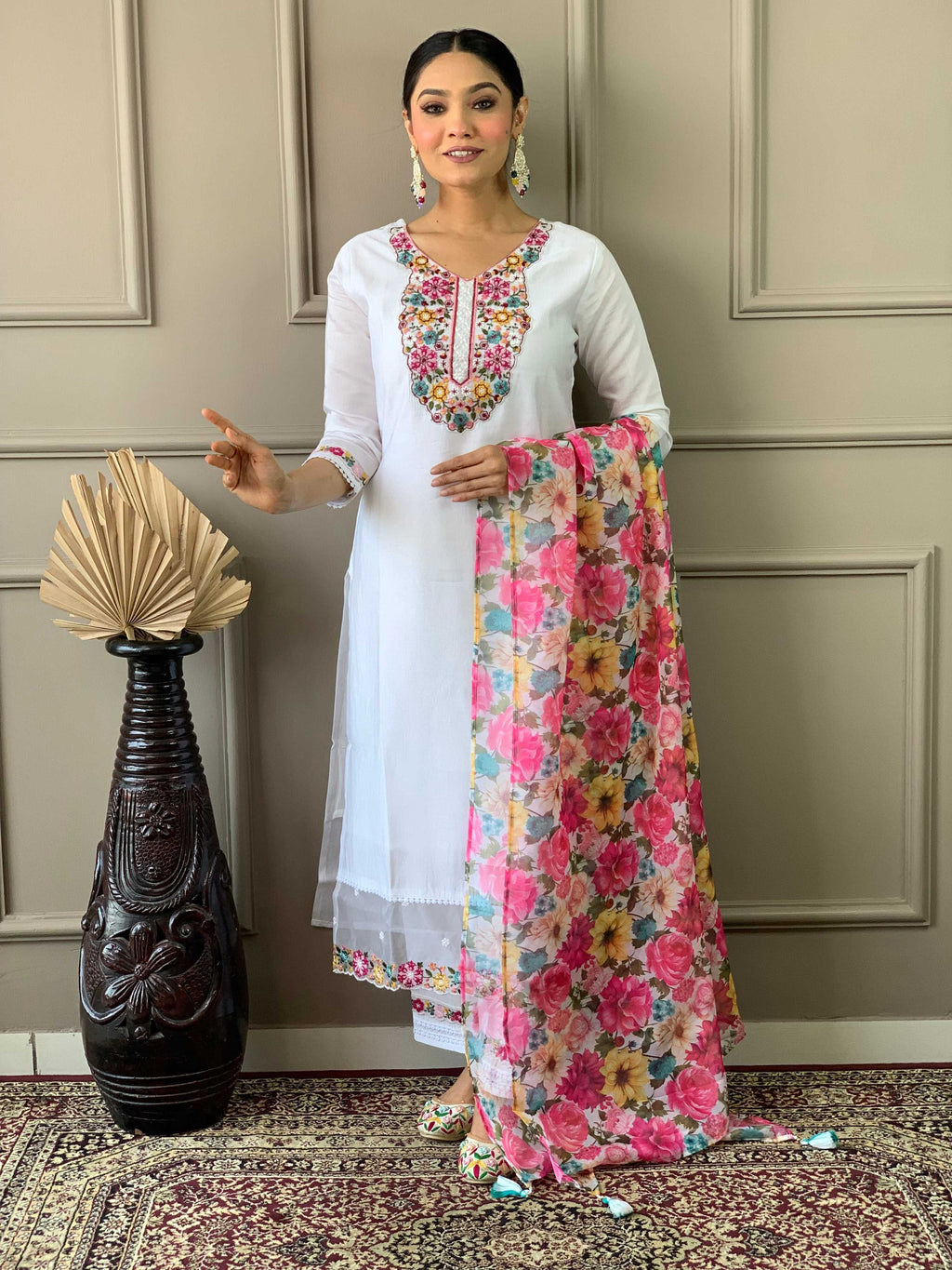 The52 White Woven Embroidered Chanderi Fabric Straight Kurta, Pant and Dupatta Set | Grocsy