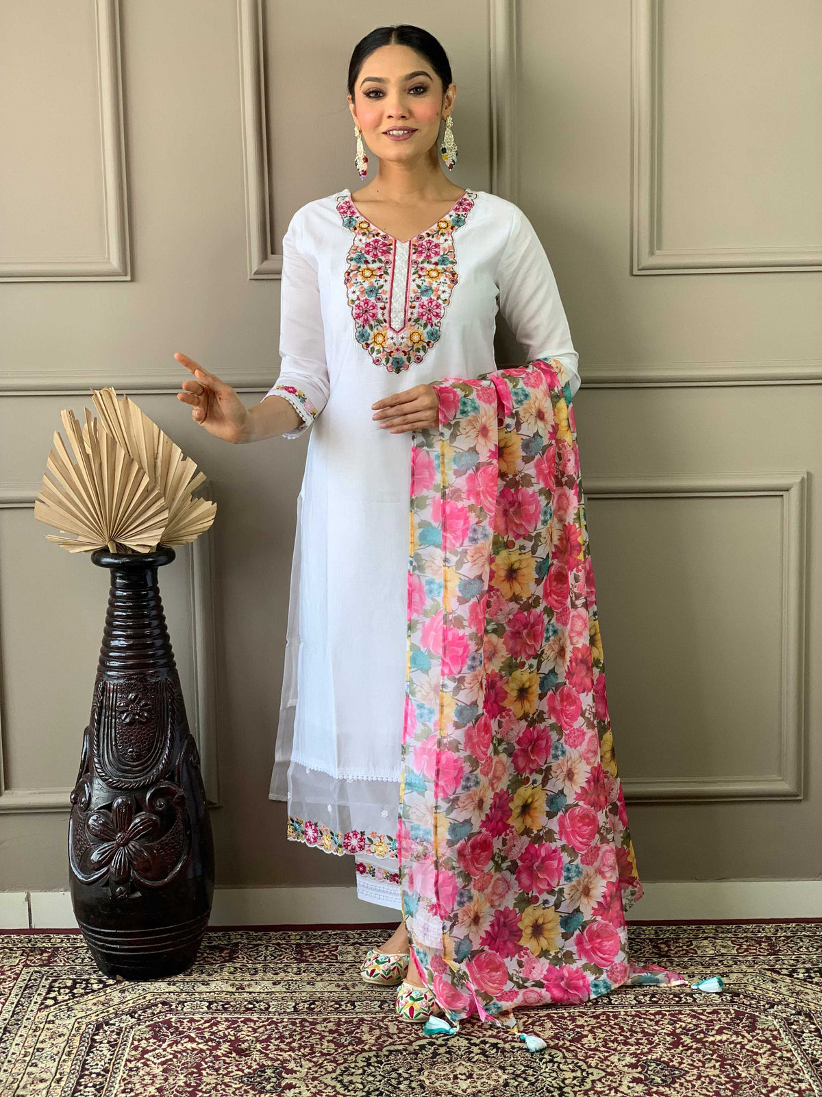 The52 White Woven Embroidered Chanderi Fabric Straight Kurta, Pant and Dupatta Set | Grocsy