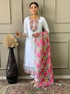 The52 White Woven Embroidered Chanderi Fabric Straight Kurta, Pant and Dupatta Set | Grocsy