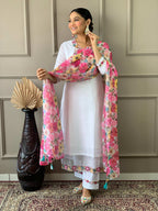 The52 White Woven Embroidered Chanderi Fabric Straight Kurta, Pant and Dupatta Set | Grocsy