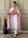 The52 White Woven Embroidered Chanderi Fabric Straight Kurta, Pant and Dupatta Set | Grocsy