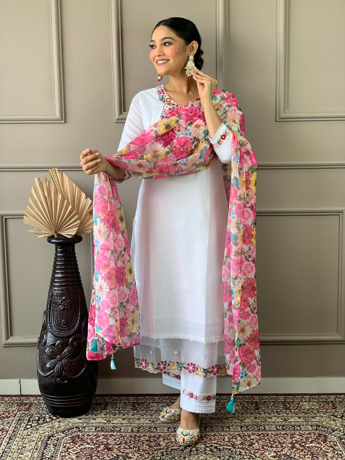 The52 White Woven Embroidered Chanderi Fabric Straight Kurta, Pant and Dupatta Set | Grocsy