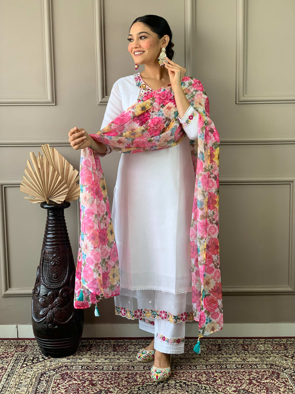 The52 White Woven Embroidered Chanderi Fabric Straight Kurta, Pant and Dupatta Set | Grocsy
