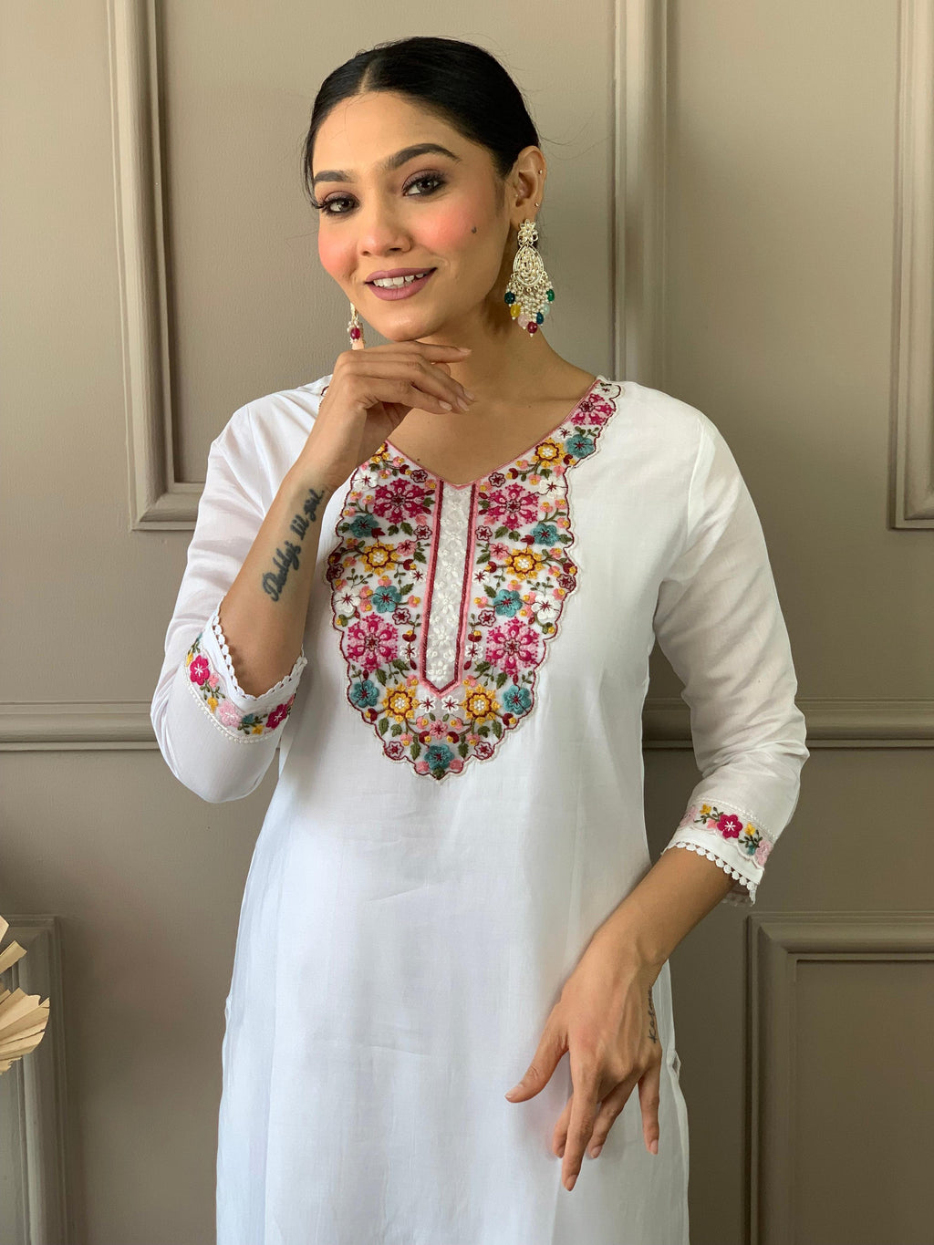 The52 White Woven Embroidered Chanderi Fabric Straight Kurta, Pant and Dupatta Set | Grocsy