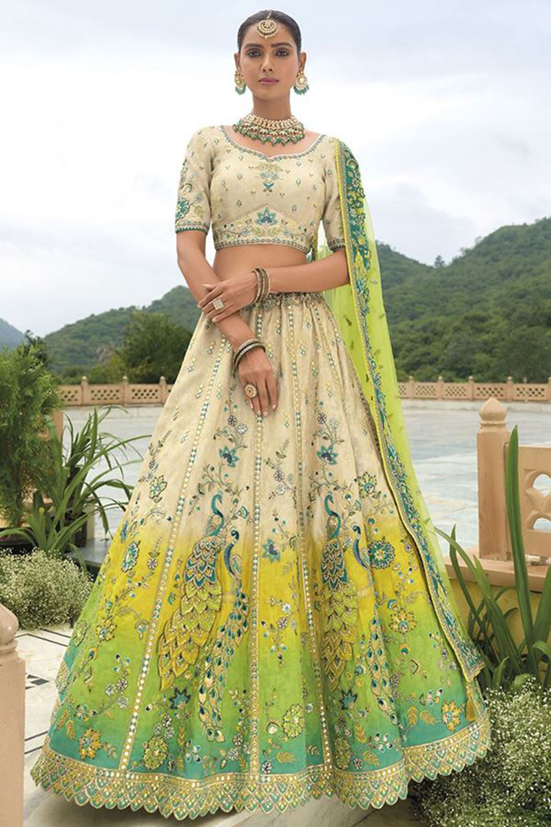 Monjolika Fashion Designer Silk Cream and Green Color Bridal Wear Khatli Work Readymade Lehenga Choli | Grocsy