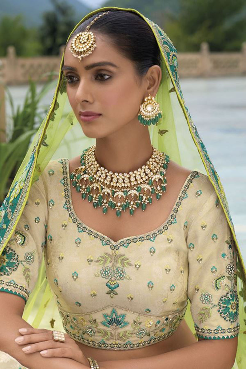 Monjolika Fashion Designer Silk Cream and Green Color Bridal Wear Khatli Work Readymade Lehenga Choli | Grocsy