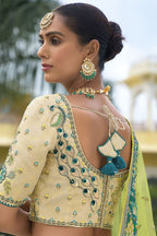 Monjolika Fashion Designer Silk Cream and Green Color Bridal Wear Khatli Work Readymade Lehenga Choli | Grocsy