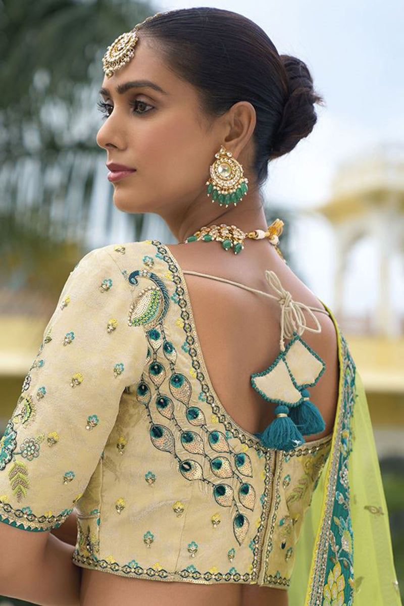 Monjolika Fashion Designer Silk Cream and Green Color Bridal Wear Khatli Work Readymade Lehenga Choli | Grocsy