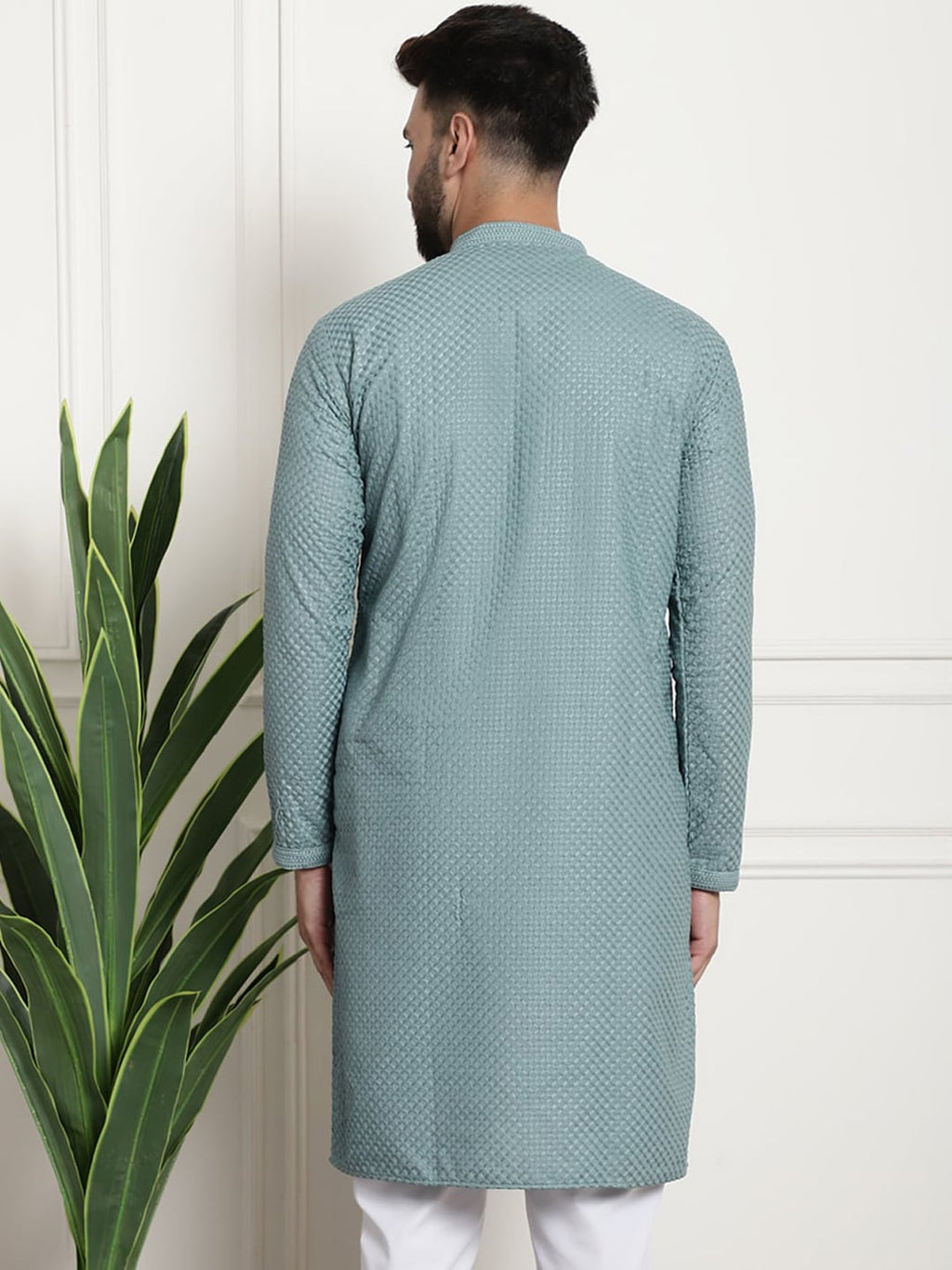 Sojanya Woven Design Mandarin Collar Straight Cotton Kurta | Grocsy