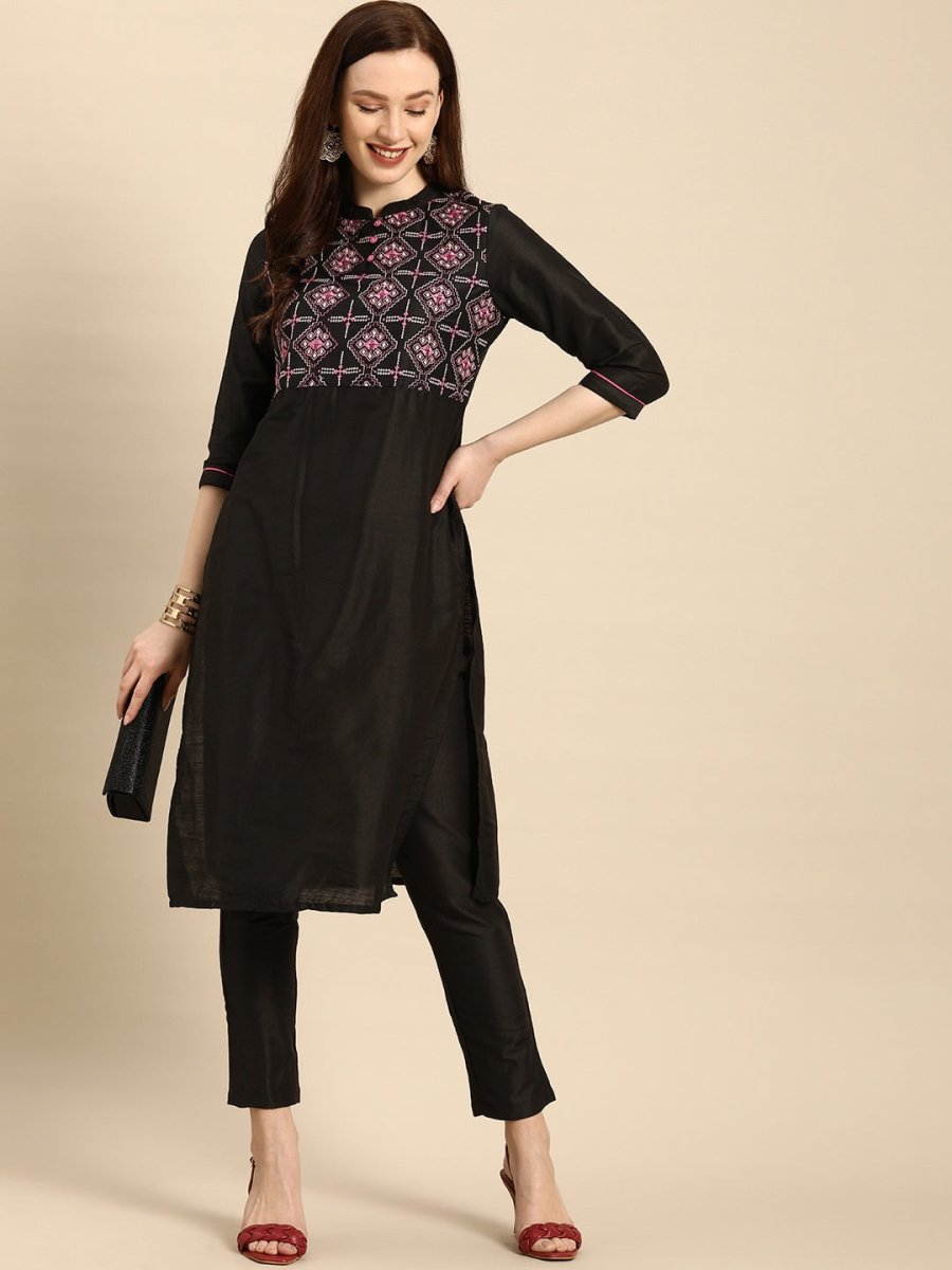 All About You Women Black Embroidered Kurta with Trousers | Grocsy