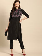 All About You Women Black Embroidered Kurta with Trousers | Grocsy