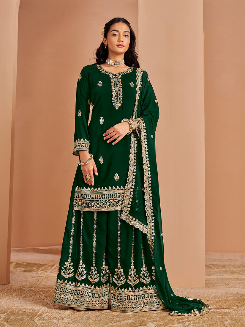 Monjolika Fashion Green Color Embroidered Santoon Georgette Salwar Suit | Grocsy