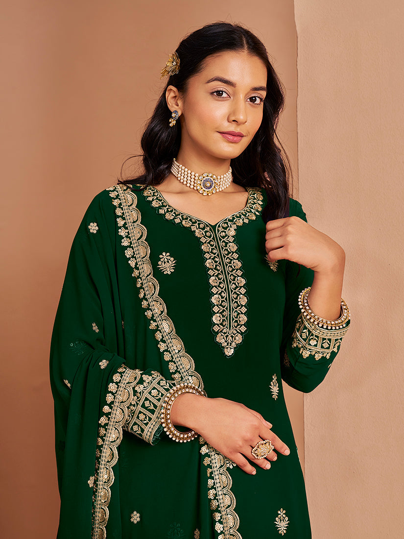 Monjolika Fashion Green Color Embroidered Santoon Georgette Salwar Suit | Grocsy
