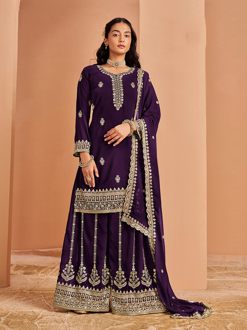 Monjolika Fashion Purple Color Embroidered Santoon Georgette Salwar Suit | Grocsy