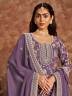 Monjolika Fashion Lavender Color Embroidered Santoon Silk Salwar Suit | Grocsy