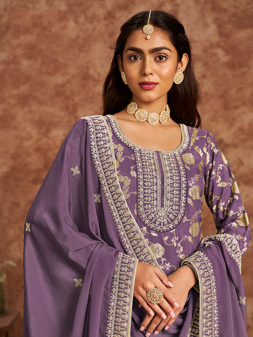 Monjolika Fashion Lavender Color Embroidered Santoon Silk Salwar Suit | Grocsy