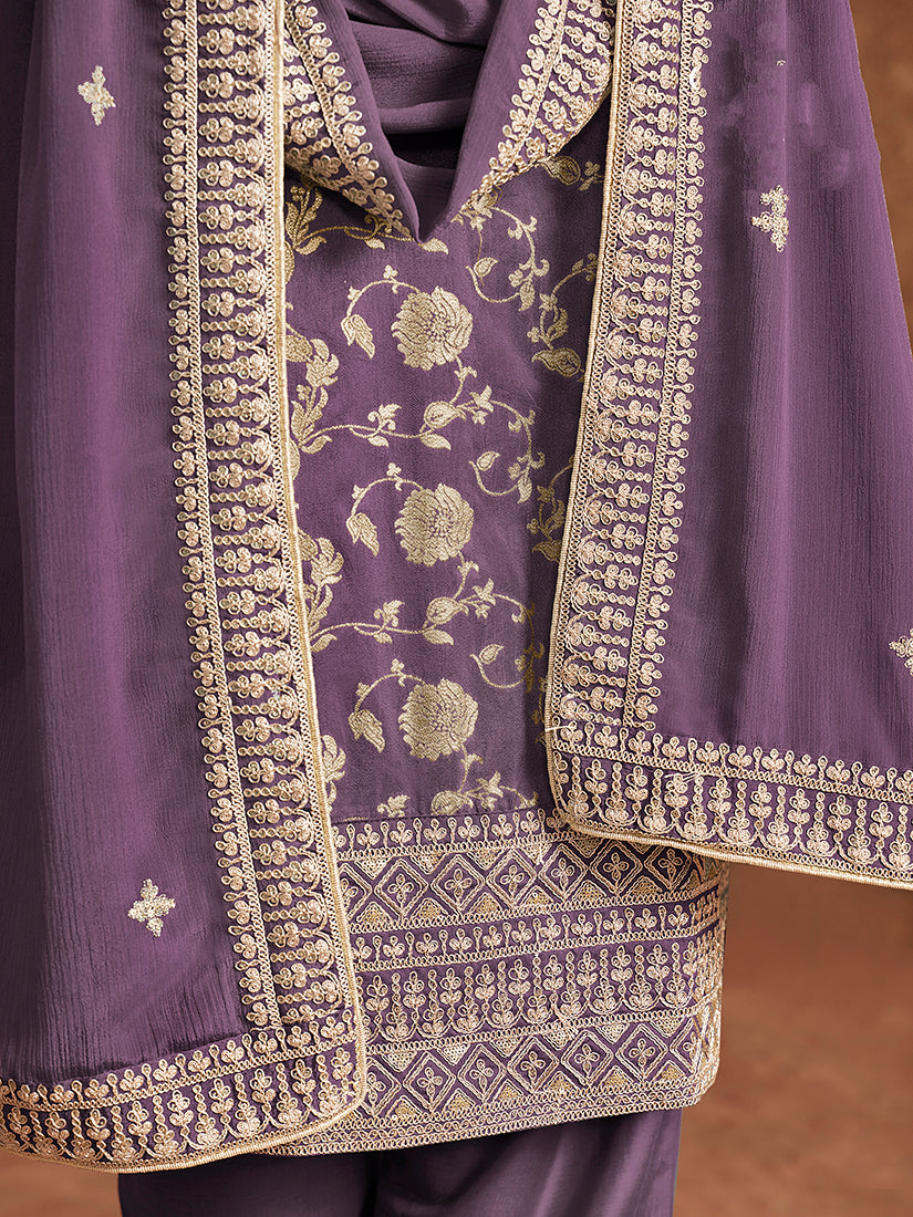 Monjolika Fashion Lavender Color Embroidered Santoon Silk Salwar Suit | Grocsy