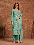 Monjolika Fashion Turquoise Color Embroidered Santoon Silk Salwar Suit | Grocsy