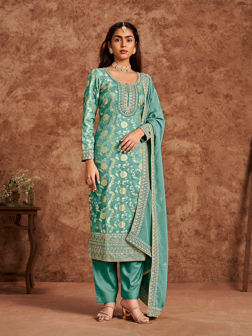 Monjolika Fashion Turquoise Color Embroidered Santoon Silk Salwar Suit | Grocsy