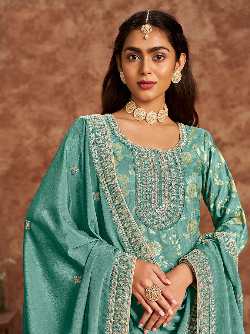 Monjolika Fashion Turquoise Color Embroidered Santoon Silk Salwar Suit | Grocsy
