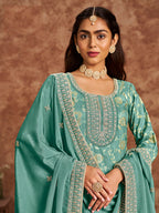 Monjolika Fashion Turquoise Color Embroidered Santoon Silk Salwar Suit | Grocsy