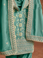 Monjolika Fashion Turquoise Color Embroidered Santoon Silk Salwar Suit | Grocsy