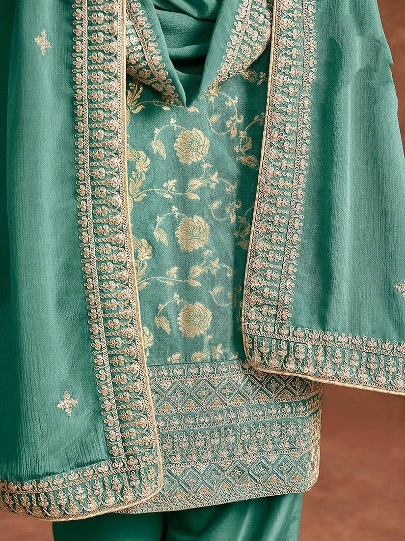 Monjolika Fashion Turquoise Color Embroidered Santoon Silk Salwar Suit | Grocsy