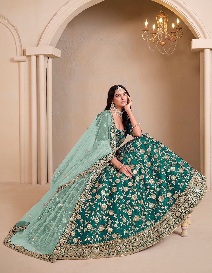 Monjolika Fashion Teal Embroidered Art Silk Designer Lehenga Choli | Grocsy