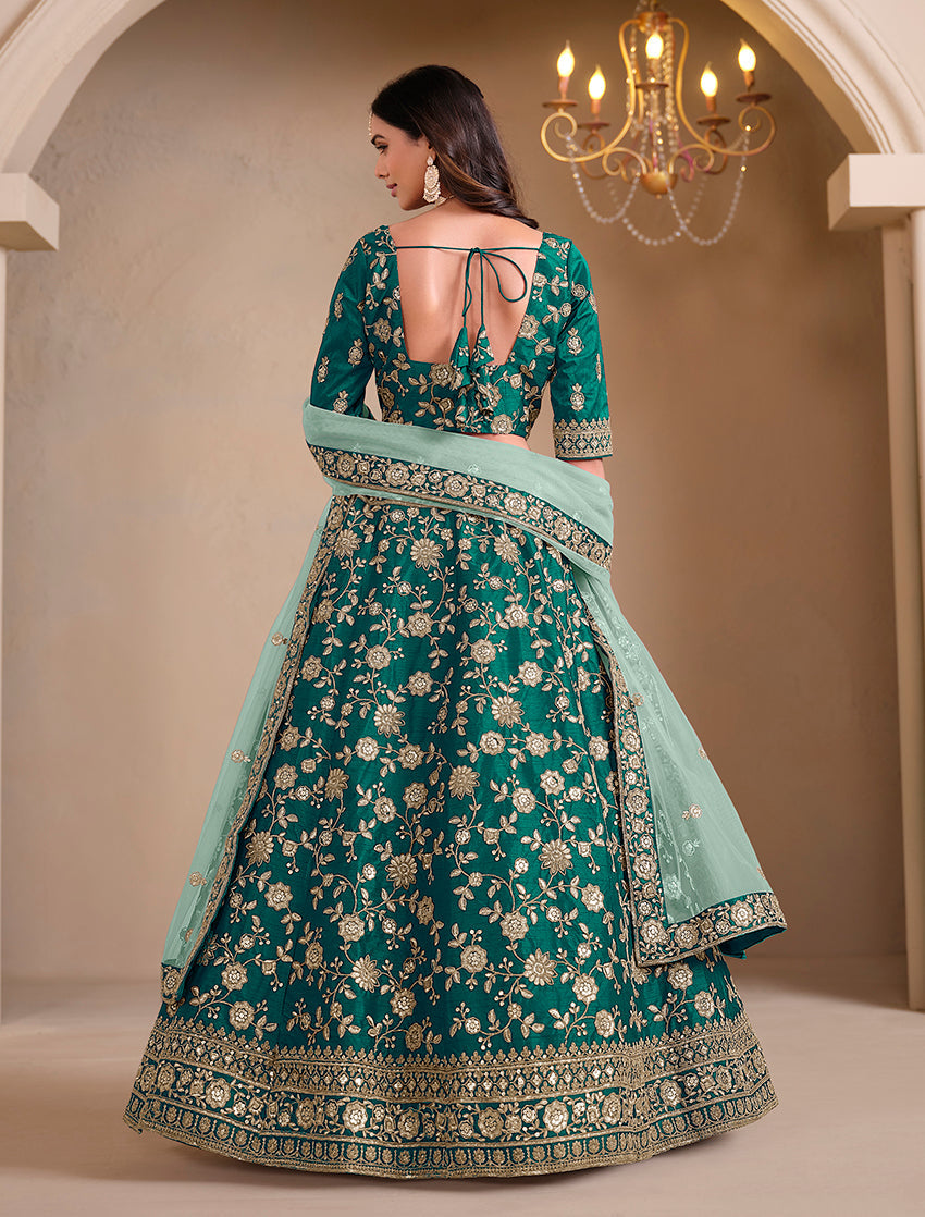 Monjolika Fashion Teal Embroidered Art Silk Designer Lehenga Choli | Grocsy