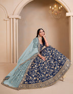 Monjolika Fashion Navy Blue Embroidered Art Silk Designer Lehenga Choli | Grocsy
