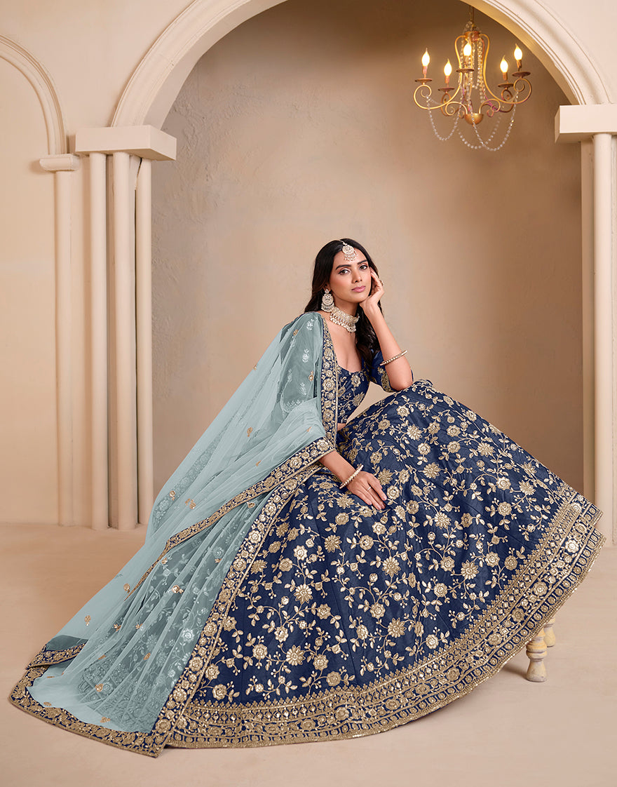 Monjolika Fashion Navy Blue Embroidered Art Silk Designer Lehenga Choli | Grocsy