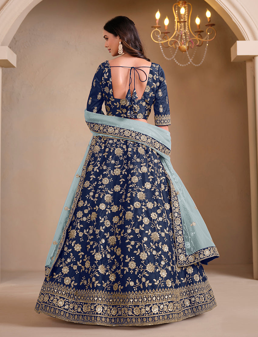 Monjolika Fashion Navy Blue Embroidered Art Silk Designer Lehenga Choli | Grocsy