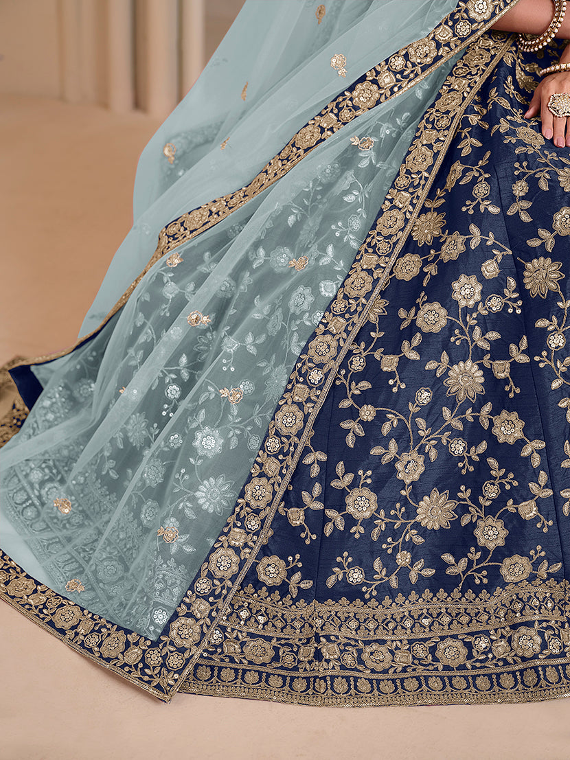 Monjolika Fashion Navy Blue Embroidered Art Silk Designer Lehenga Choli | Grocsy