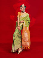 Monjolika Fashion Green Color Weaving Silk Traditional Saree For Classic Look | Grocsy