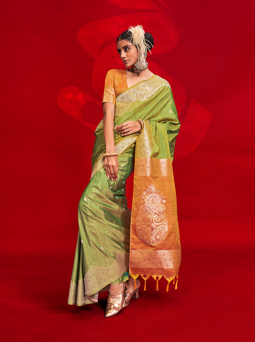 Monjolika Fashion Green Color Weaving Silk Traditional Saree For Classic Look | Grocsy