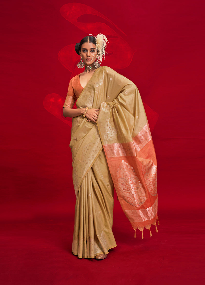 Monjolika Fashion Beige Color Weaving Silk Traditional Saree For Classic Look | Grocsy
