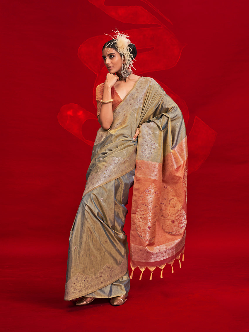 Monjolika Fashion Gray Color Weaving Silk Traditional Saree For Classic Look | Grocsy