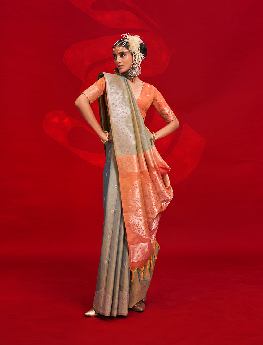 Monjolika Fashion Gray Color Weaving Silk Traditional Saree For Classic Look | Grocsy
