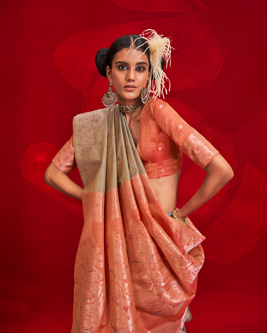 Monjolika Fashion Gray Color Weaving Silk Traditional Saree For Classic Look | Grocsy