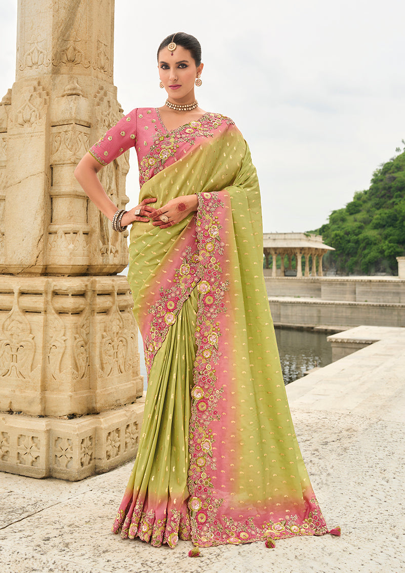 Monjolika Fashion Light Olive Green Viscose Tissue Silk Saree With Embroidery & Cutwork Border | Grocsy