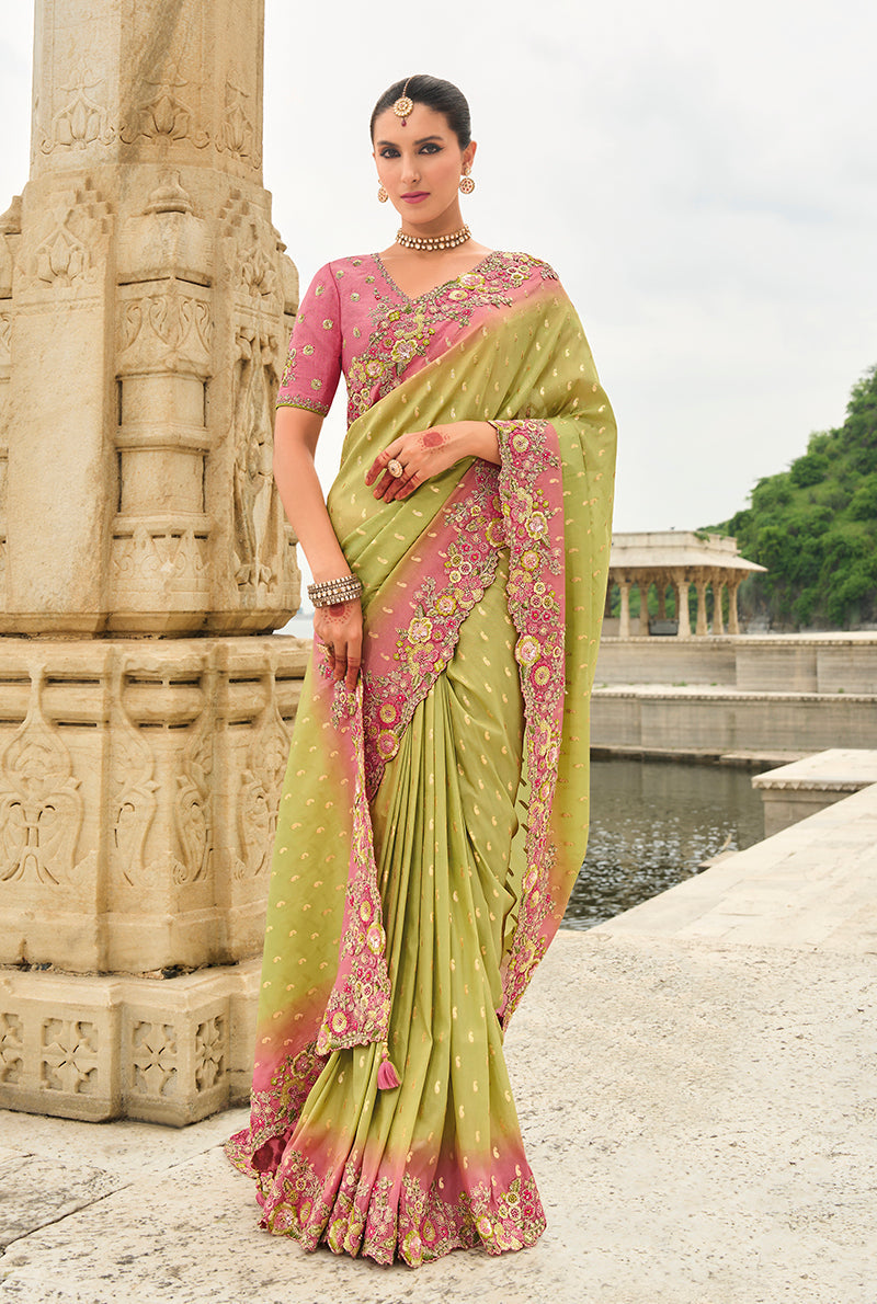Monjolika Fashion Light Olive Green Viscose Tissue Silk Saree With Embroidery & Cutwork Border | Grocsy