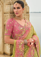 Monjolika Fashion Light Olive Green Viscose Tissue Silk Saree With Embroidery & Cutwork Border | Grocsy