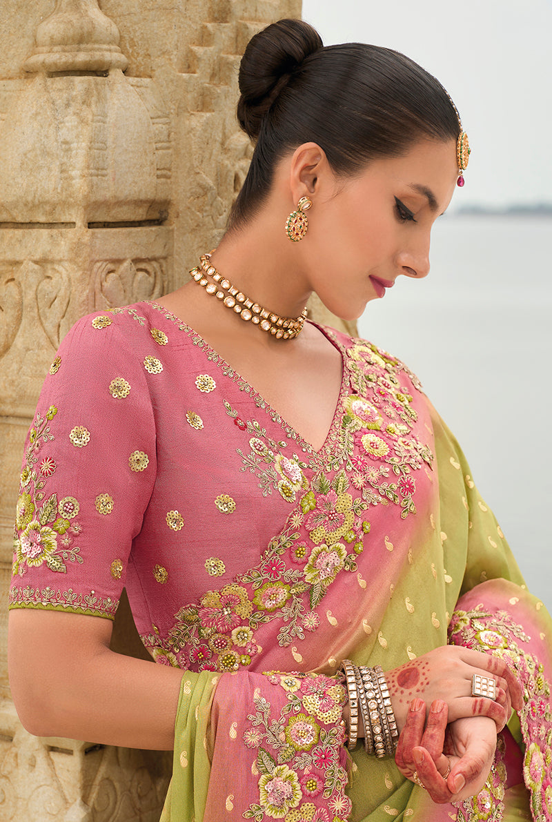 Monjolika Fashion Light Olive Green Viscose Tissue Silk Saree With Embroidery & Cutwork Border | Grocsy